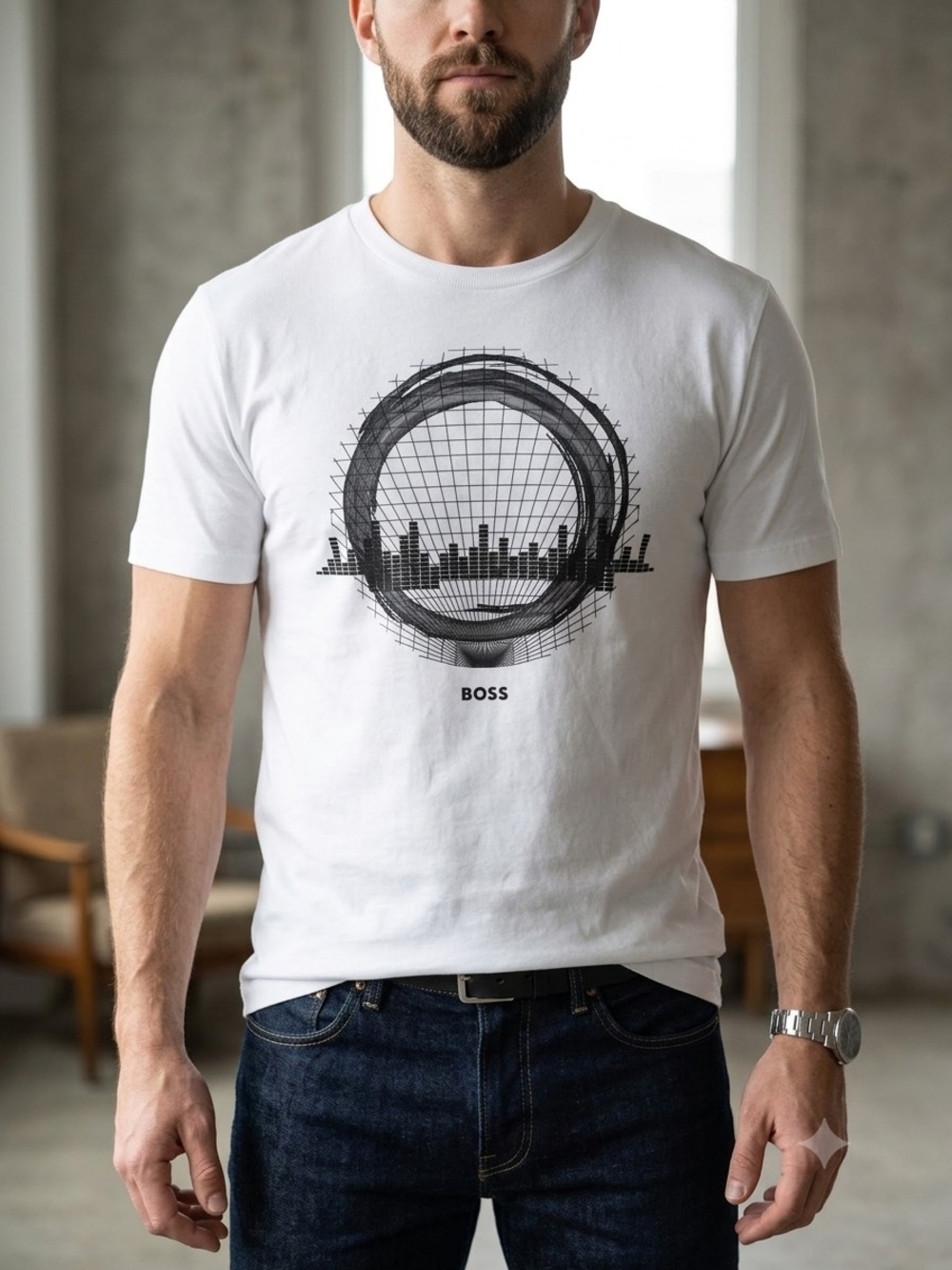 BOSS Men's White Graphic Crewneck T‑Shirt